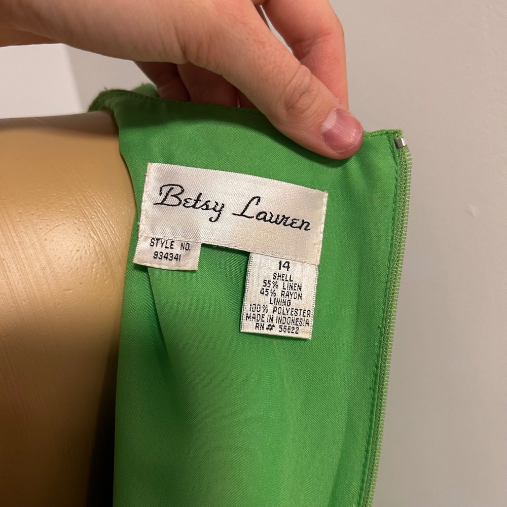 Betsy Lauren 90s Y2K Green Linen Blend Dragonfly Embroidered Sheath Dress M/L 14 - Picture 6 of 10